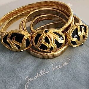 Vtg Judith Leiber Gold Tone Double Snake Chain Belt Black Enamel Jeweled Buckle